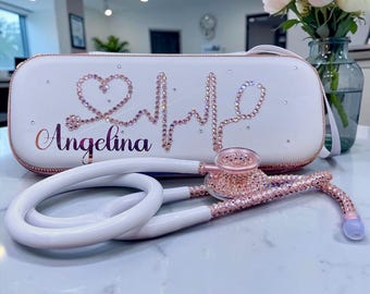 Personalized White MDF Stethoscope – Rose Gold Pink Crystal Embellished Medical Gift