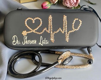 Essential Crown Bling Stethoscope: Custom Littmann, Black with Gold Rhinestones, personalized sparkle name case