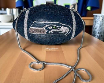 Seattle Seahawks Football Purse, Rhinestone Game Day Clutch with Silver Strap