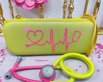 Littmann Classic III Bling stethoscope: Neon Pink Crystals, Yellow Glitter Case, Custom Nurse Gift