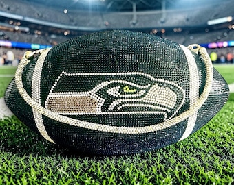 Seattle Inspired Rhinestone Football Purse, Game Day crossbody Bag, Sparkly Sports Decor gift