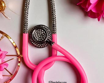Vibrant Pink Bling Stethoscope: Black Rhinestones, nurse graduation medical gift