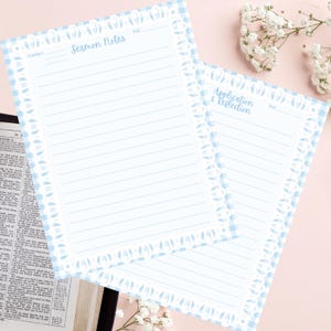 May include: Two sheets of lined paper featuring a light blue gingham border and white scalloped edges. The top sheet is titled Sermon Notes with spaces for scripture and date. The second sheet is titled Application & Reflection with a date line.