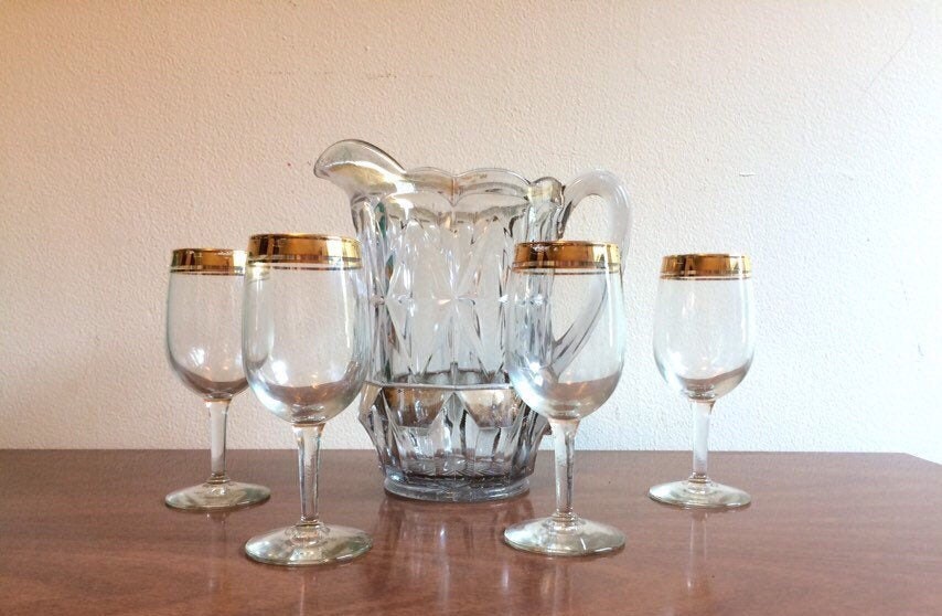 Vintage Gold Leaf Pitcher and Wine Glass Set of 5/indiana Cut Etsy