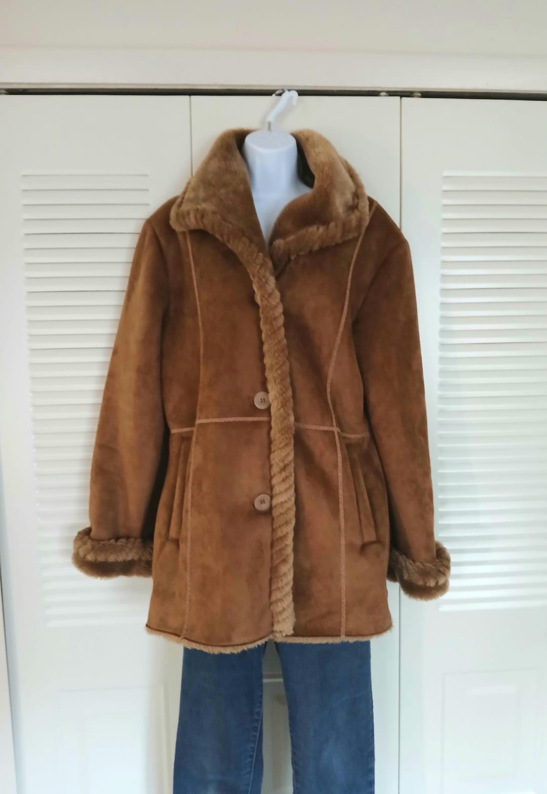 Dark Brown Faux Suede Leather Button-Down Long Sleeve Jacket With Belt
