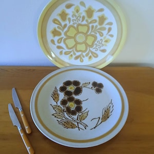 Vintage Yellow and Brown Floral Ironstone dishes set of 2/Ironstone dish set and Bakelite knives