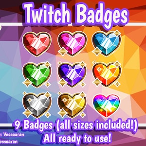 Twitch sub badges|| 9 Shiny Gems sub badges for streamers ||Bit Badges || cute kawaii heart Gems shiny stream badges emotes