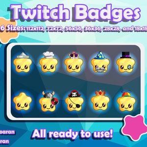 Twitch sub badges || Stars with hats sub badges for streamers || cute kawaii stream badges emotes