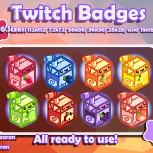 May include: Eight colorful cartoon juice box Twitch badges in six different sizes: 112x112, 72x72, 56x56, 36x36, 28x28, and 18x18. The text "Twitch Badges" is at the top of the image. The text "All ready to use!" is at the bottom of the image.