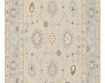 Hand Knotted Runner Rug, Cream Floral Wool Runner, Light Blue Style Carpet, Traditional Vintage Hallway Rug, Handmade