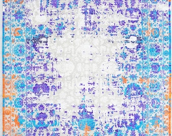 Blue 8x10 Hand-Knotted, Wool Sari Silk, Indian Oriental Rug | Vibrant Boho Chic Area Carpet