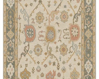 Hand Knotted Runner Rug, Traditional Floral Wool Runner, Vintage Style Carpet, Cream Sage Boho Hallway Rug, Handmade Carpet