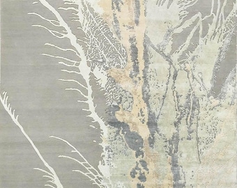Indo Tibbati Rug wool tencel silk, beige green grey, 9x12 ft