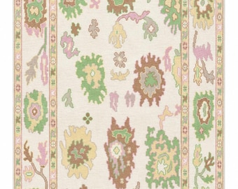 Hand Knotted Floral Rug, Cream Wool Area Rug, Pastel Style Carpet, Traditional Boho Rug, Handmade Botanical Home Decor