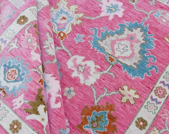 Hand-Knotted Pink Oushak Style Wool Rug 2x3 to 12x15, Living Room Area Carpet
