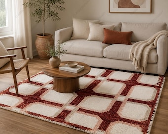 Modern Hand Knotted Wool Oushak Rug, Ivory Brick Red Geometric Carpet, Scandinavian Living Room