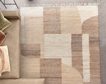 Handgeweven jute vloerkleden Platgeweven jute met wol Natuurlijke hennep