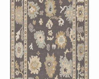 Gray Floral Rug, Hand Knotted Wool Area Rug, Traditional Style Carpet, Neutral Vintage Rug, Handmade Boho Living Room Decor