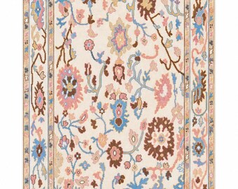 Hand Knotted Floral Rug, Cream Wool Area Rug, Colorful Style Carpet, Traditional Boho Rug, Vintage Handmade Home Decor