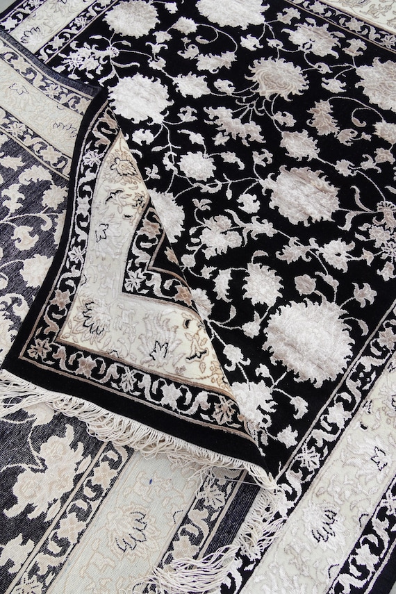 Black Ivory Rug, 5x8 area rug, wool and silk, hand knotted, Persian Allover