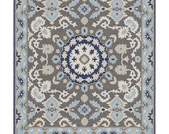 Hand Knotted Turkish Rug, Blue Gray Floral Area Rug, Round Medallion Oriental Carpet, Traditional Square Rug, Bedroom Living Room Decor