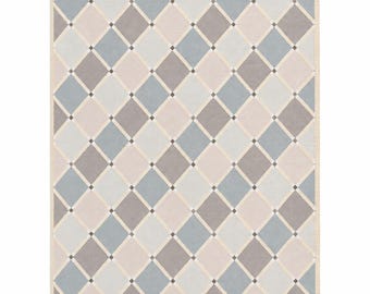 Handwoven Dhurrie Rug, Pastel Geometric Diamond Carpet, Blue Pink Ivory Area Rug, Modern Flatweave Rug for Living Room Bedroom