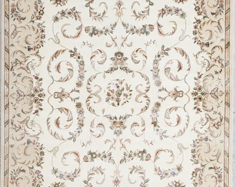 Hand-Knotted Wool & Silk Rug, Aubusson Floral Carpet 7.8x9.9 ft