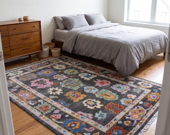 Black Oushak Wool Rug 4x6: Hand-Knotted Home Decor Rug
