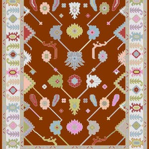 Hand-knotted wool rug in floral Turkish Oushak style, 8x10; blue-gray field with teal, rust, and peach blossoms.
