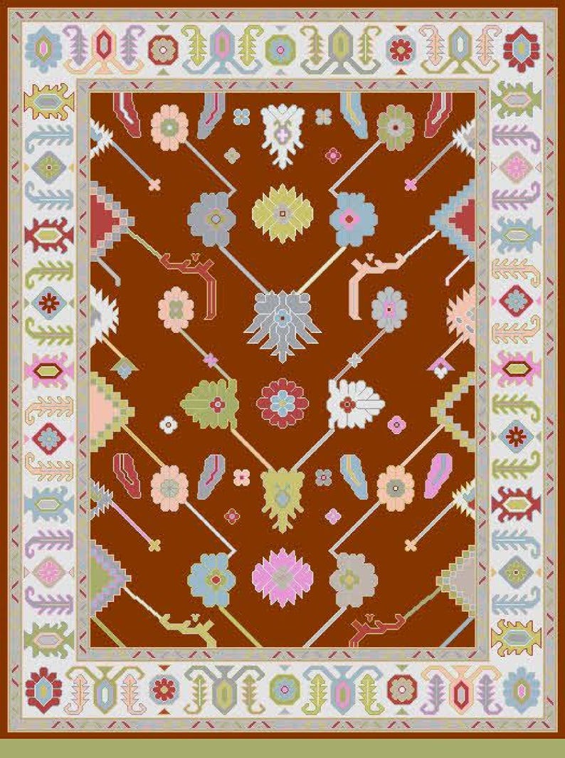 Hand-knotted wool rug in floral Turkish Oushak style, 8x10; blue-gray field with teal, rust, and peach blossoms.