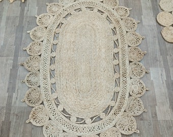 Oval Jute Rug Braided Natural Fiber: Boho Indoor Outdoor Floor Decor