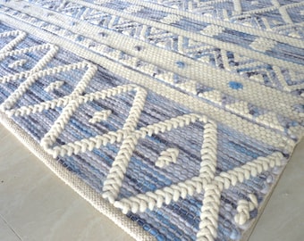 Alfombra escandinava azul roto: Dhurrie, tejida a mano en mezcla de algodón, moderna alfombra de 8x10