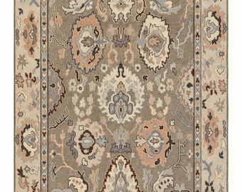 Hand Knotted Oushak Rug, Taupe Floral Area Rug, Vintage Wool Carpet, Neutral Traditional Oriental Rug, Living Room Bedroom Decor