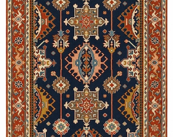 Hand Knotted Turkish Rug, Navy Blue Oriental Area Rug, Traditional Wool Carpet, Style Rug, Boho Vintage Home Decor