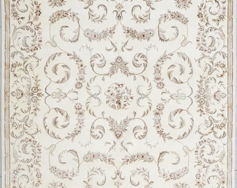 Hand-Knotted Wool & Silk Rug, Aubusson Floral Carpet 7.10x9.10 ft