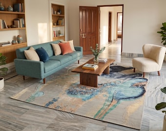 9x12 Area Rug, Ocean View Rug, Wool And Silk Blend, Abstract Design