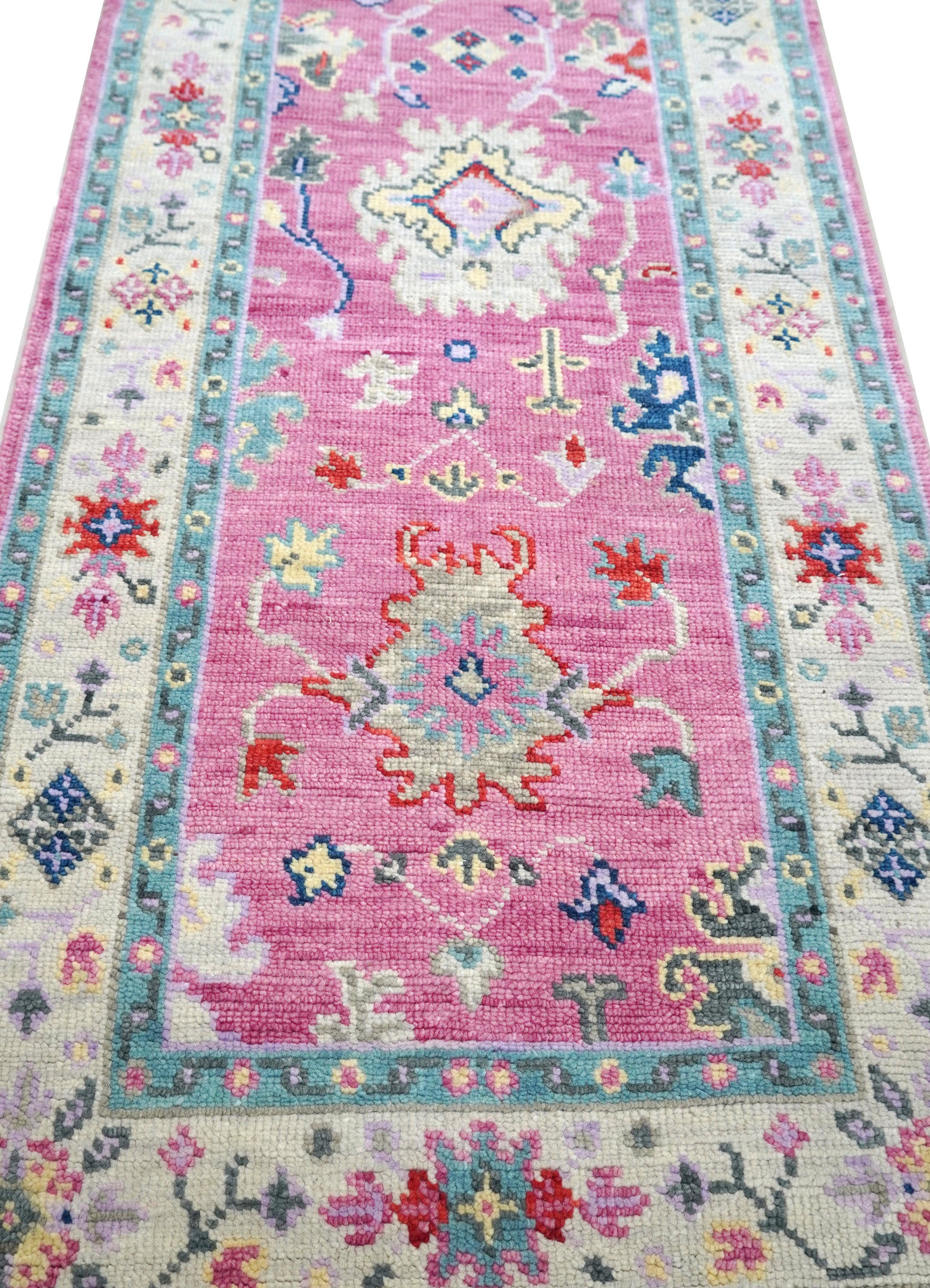Woollen Oushak Runner Rug, Shades of Pink Ivory Hallway Pastel Runners