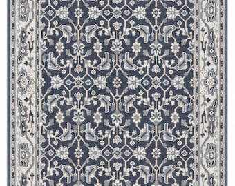 Hand Knotted Turkish Rug, Navy Blue Floral Oriental Carpet, Traditional Area Rug, Vintage Style Bedroom Living Room Decor