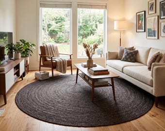 Round Rug Black Jute 3x3 ft: Hand Braided Eco-Friendly Natural Decor