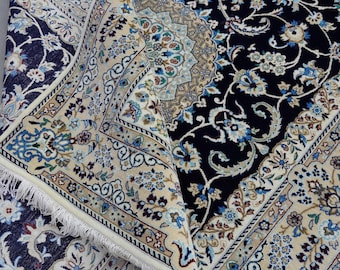 Hand Knotted Wool Silk Rug | 5.5x7.9 ft Navy Blue Persian Medallion