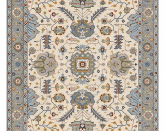 Hand Knotted Oushak Rug, Blue Gray Area Rug, Ivory Floral Carpet, Traditional Turkish Rug, Style Handmade Rug, Living Room Decor