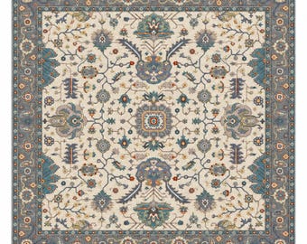 Hand Knotted Oushak Rug, Ivory Blue Area Rug, Floral Turkish Carpet, Blue Gray Style Rug, Traditional Handmade Living Room Rug