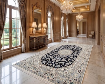 Navy Floral Area Rug: Silk and Wool, Muted Vanilla Cream (5-6x8 ft)