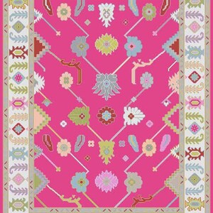 Hand-knotted wool rug in floral Turkish Oushak style, 8x10; blue-gray field with teal, rust, and peach blossoms.