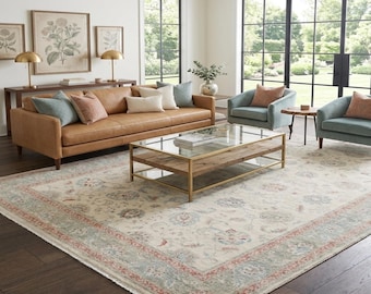 Ivory 9x12 Oushak Rug, Hand Knotted Wool, Sage Green Border Transitional Carpet