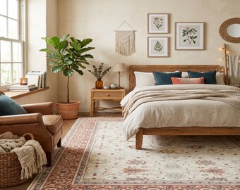 Ivory 9x12 Oushak Rug, Hand Knotted Wool, Sage Green Border Transitional Carpet