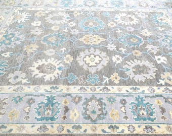Hand-knotted Oushak Wool Rug 9x12, Serene Blue Floral Transitional Area Rug