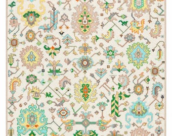 Hand Knotted Oushak Rug, Ivory Floral Area Rug, Colorful Turkish Carpet, Multicolor Style Rug, Vintage Boho Living Room Decor