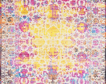 Pink 8x10 Hand-Knotted, Wool Sari Silk, Indian Oriental Rug | Vibrant Boho Chic Area Carpet