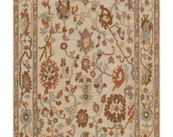 Hand Knotted Floral Rug, Beige Wool Area Rug, Rust Terracotta Style Carpet, Traditional Vintage Handmade Living Room Rug